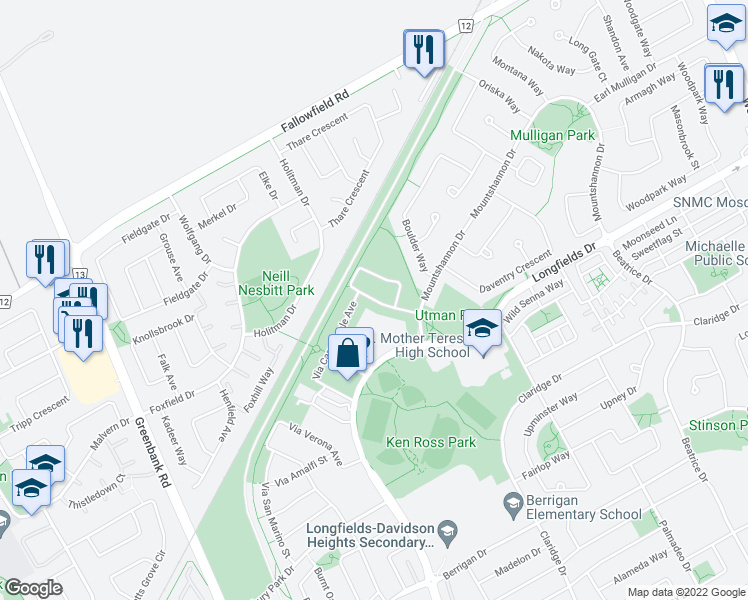 map of restaurants, bars, coffee shops, grocery stores, and more near 544 Via Mattino Way in Ottawa