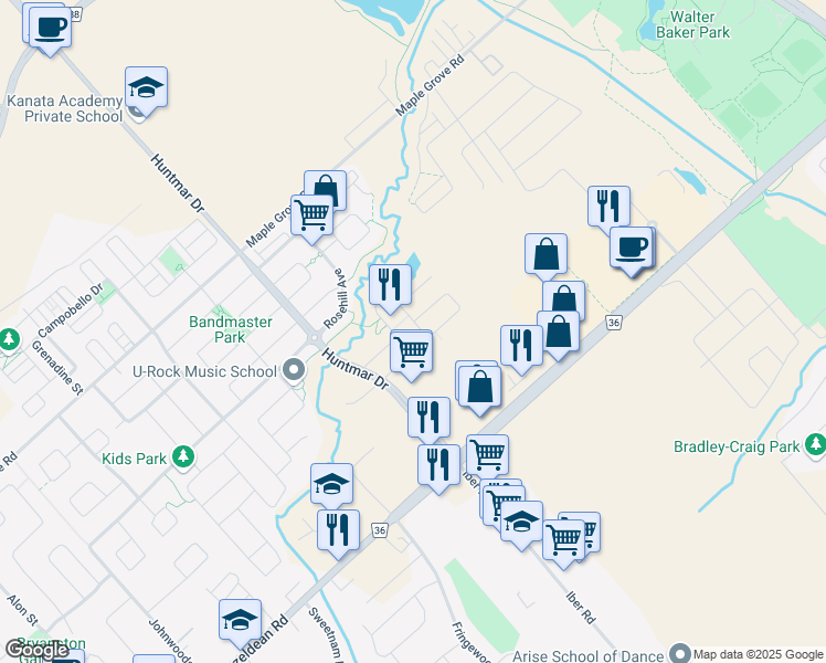map of restaurants, bars, coffee shops, grocery stores, and more near 526 Khamsin Street in Ottawa