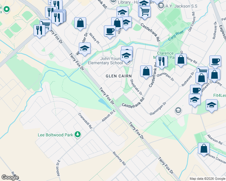 map of restaurants, bars, coffee shops, grocery stores, and more near 80 Morton Drive in Ottawa