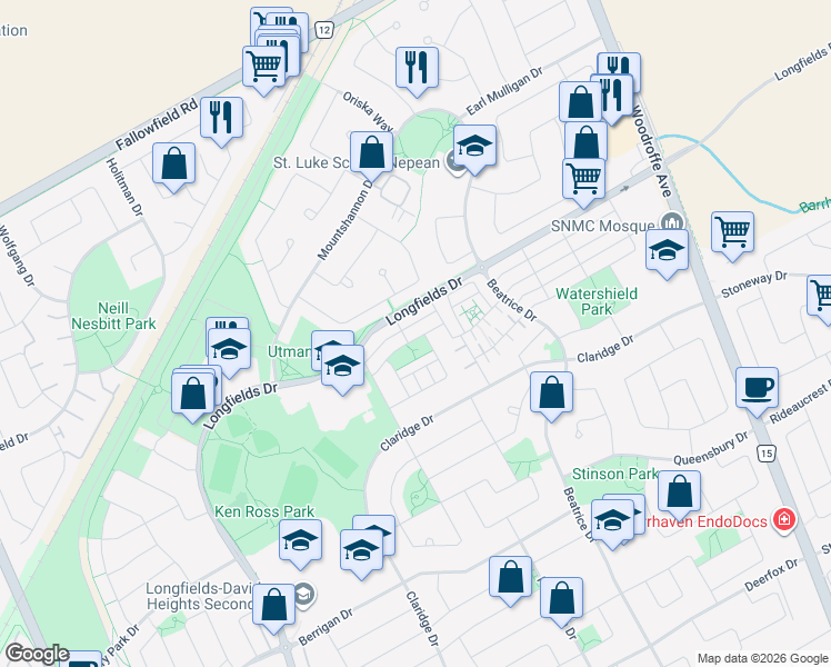 map of restaurants, bars, coffee shops, grocery stores, and more near 121 Wild Senna Way in Ottawa