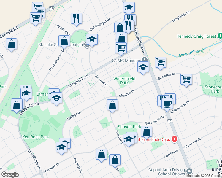 map of restaurants, bars, coffee shops, grocery stores, and more near in Nepean