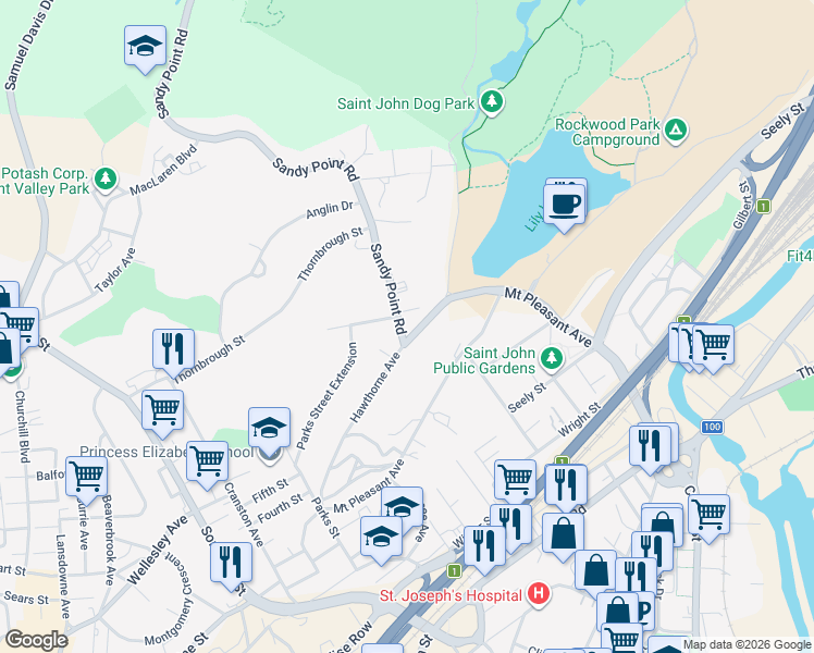 map of restaurants, bars, coffee shops, grocery stores, and more near 1 Sandy Point Road in Saint John