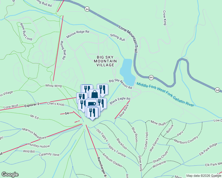 map of restaurants, bars, coffee shops, grocery stores, and more near 1050 Turkey Leg Road in Gallatin Gateway