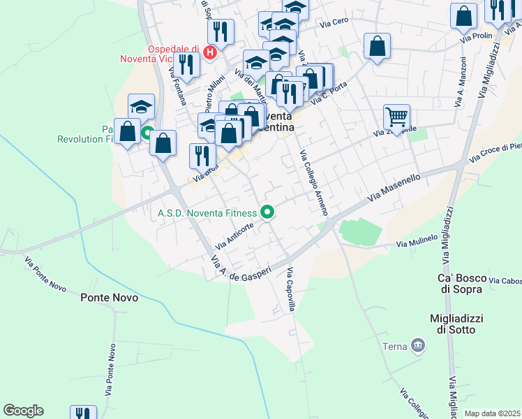 map of restaurants, bars, coffee shops, grocery stores, and more near 61 Via Roma in Noventa Vicentina
