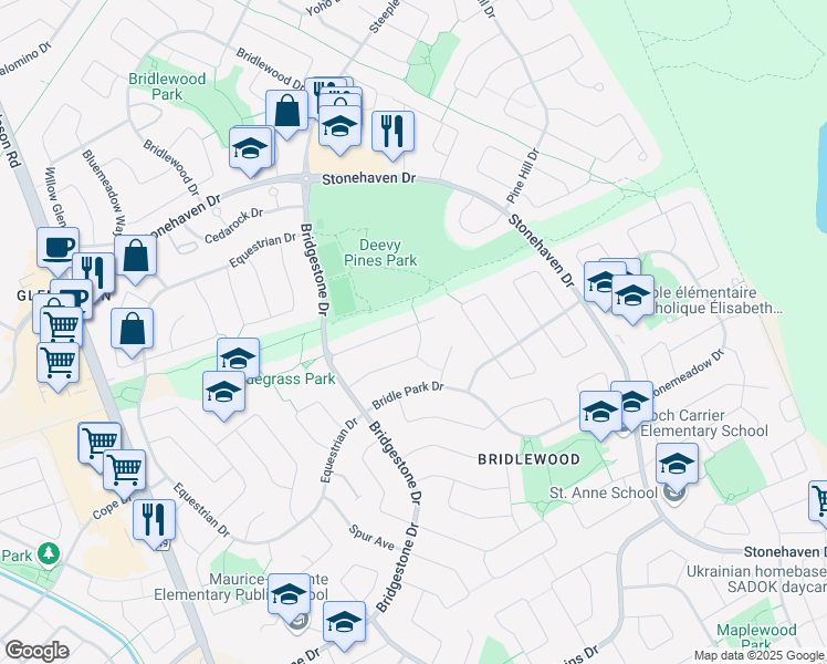 map of restaurants, bars, coffee shops, grocery stores, and more near 476 Foxhall Way in Ottawa
