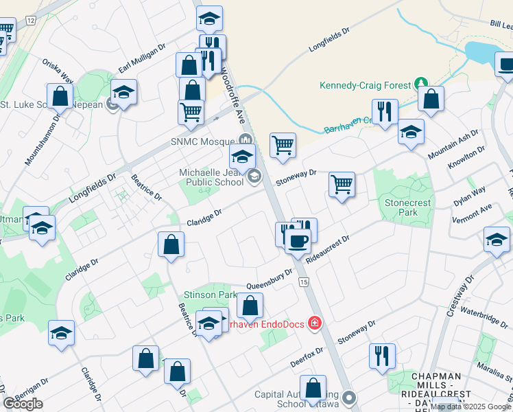 map of restaurants, bars, coffee shops, grocery stores, and more near 17 Longshire Circle in Ottawa