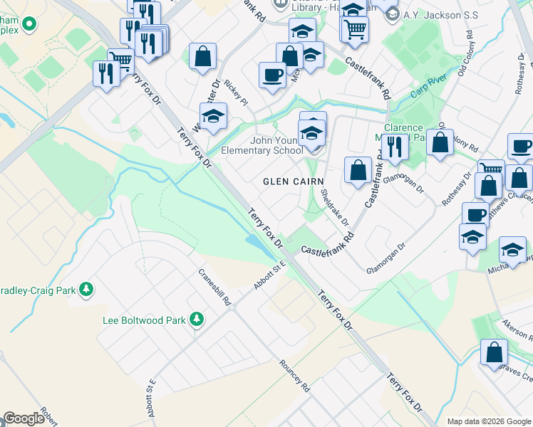 map of restaurants, bars, coffee shops, grocery stores, and more near 71 Morton Drive in Ottawa