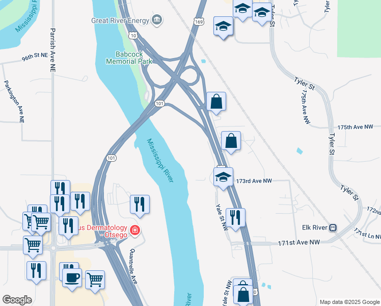 map of restaurants, bars, coffee shops, grocery stores, and more near 17354 Zane Street Northwest in Elk River