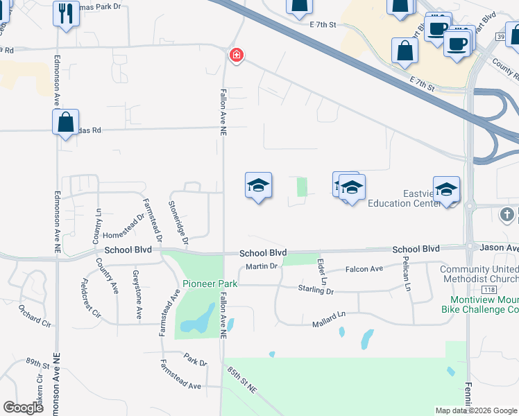 map of restaurants, bars, coffee shops, grocery stores, and more near 9350 Fallon Avenue Northeast in Monticello