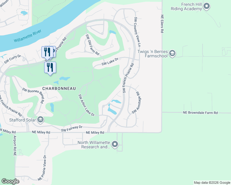 map of restaurants, bars, coffee shops, grocery stores, and more near 32195 Southwest Lake Drive in Wilsonville