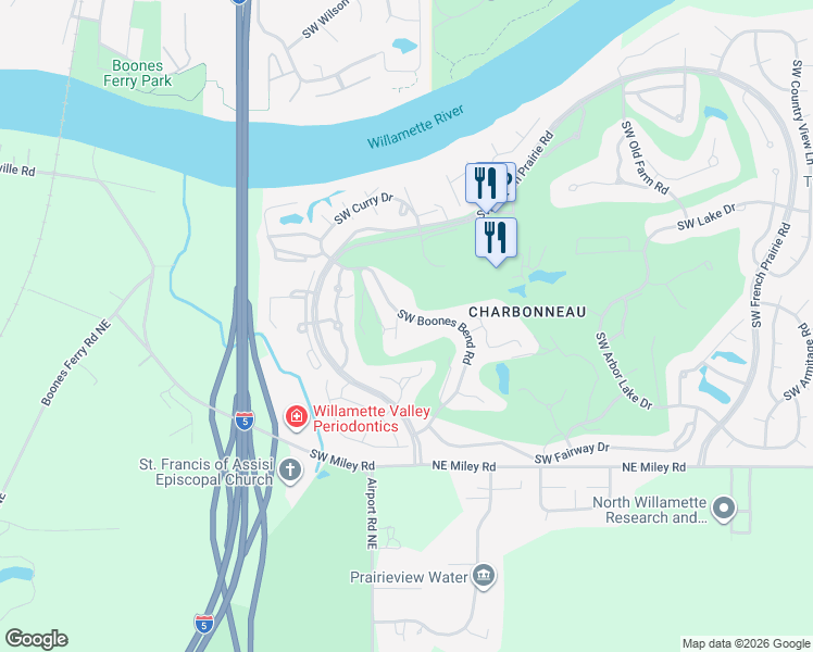 map of restaurants, bars, coffee shops, grocery stores, and more near 32229 Southwest Boones Bend Road in Wilsonville