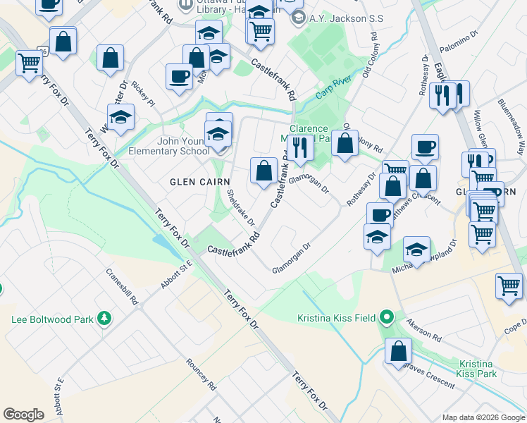 map of restaurants, bars, coffee shops, grocery stores, and more near 233 Castlefrank Road in Ottawa