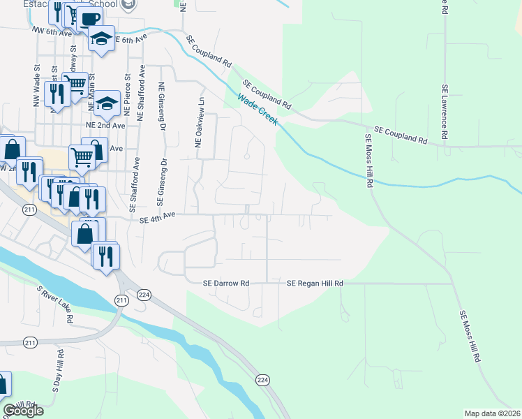map of restaurants, bars, coffee shops, grocery stores, and more near 1350 Southeast Regan Hill Loop in Estacada
