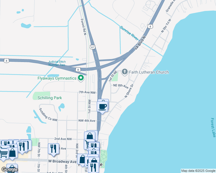 map of restaurants, bars, coffee shops, grocery stores, and more near 103 Birch Drive in Forest Lake