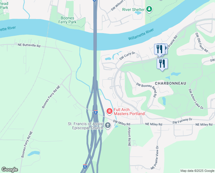 map of restaurants, bars, coffee shops, grocery stores, and more near 32200 Southwest French Prairie Road in Wilsonville