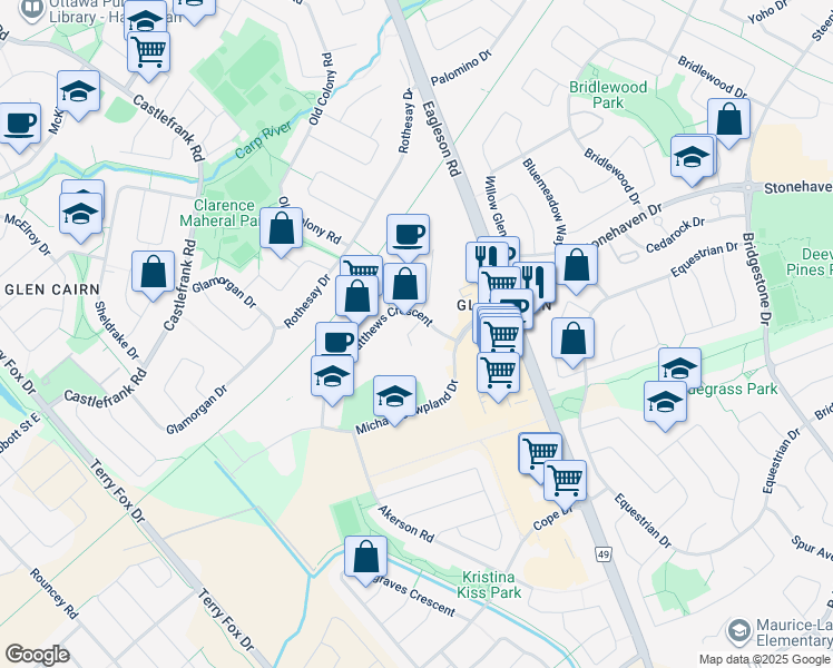map of restaurants, bars, coffee shops, grocery stores, and more near 1 Terence Matthews Crescent in Ottawa