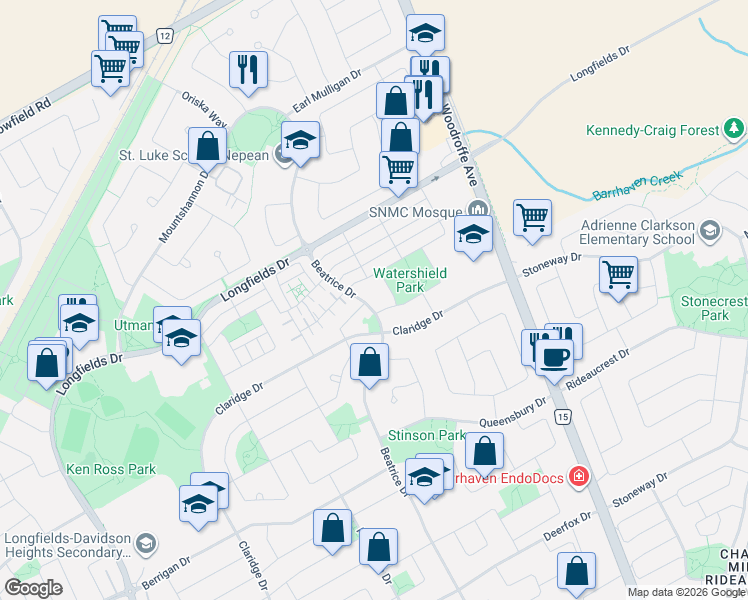 map of restaurants, bars, coffee shops, grocery stores, and more near 115 Beatrice Drive in Ottawa