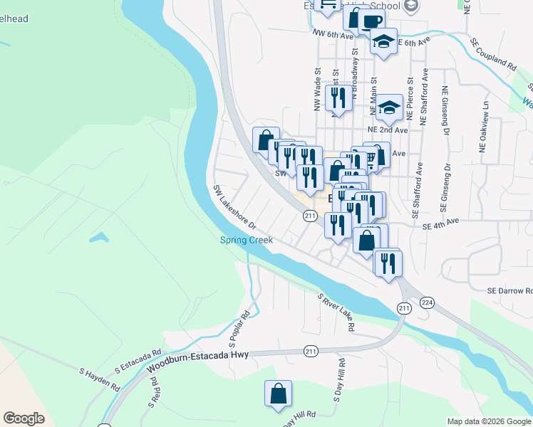 map of restaurants, bars, coffee shops, grocery stores, and more near 476 Southwest Grove Road in Estacada