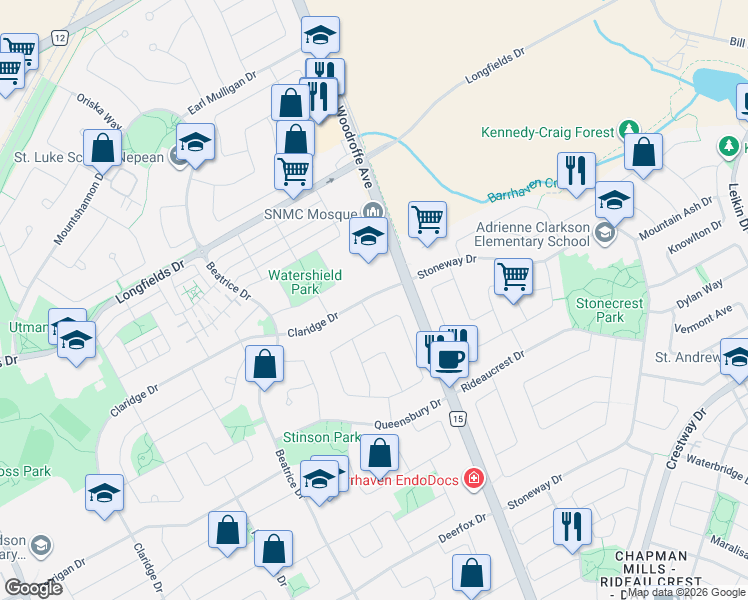 map of restaurants, bars, coffee shops, grocery stores, and more near 28 Claridge Drive in Ottawa
