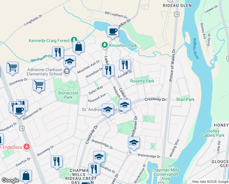 map of restaurants, bars, coffee shops, grocery stores, and more near 177 Redpath Drive in Ottawa