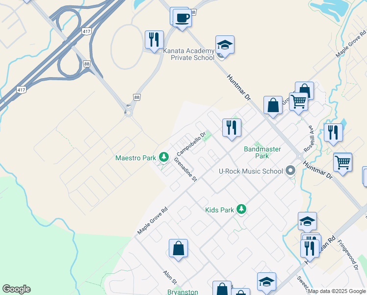 map of restaurants, bars, coffee shops, grocery stores, and more near 750 Maloja Way in Ottawa