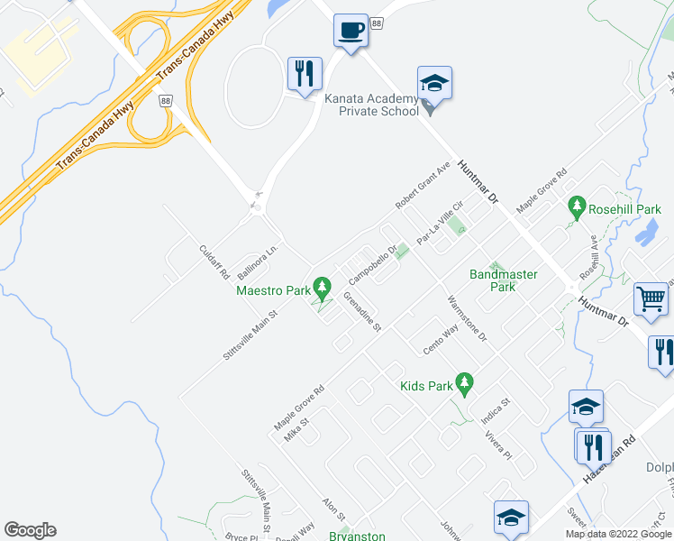 map of restaurants, bars, coffee shops, grocery stores, and more near 725 Maloja Way in Ottawa