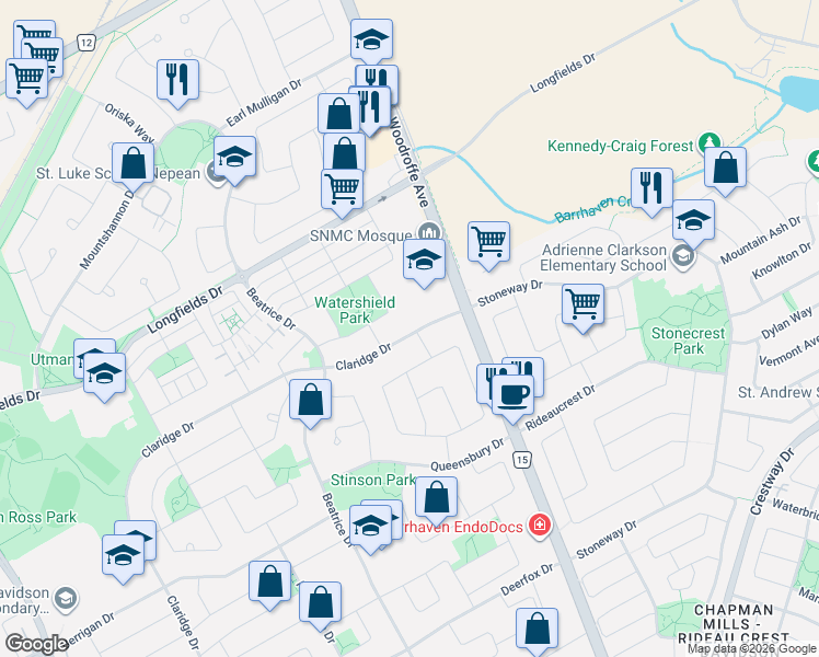 map of restaurants, bars, coffee shops, grocery stores, and more near 43 Claridge Drive in Ottawa