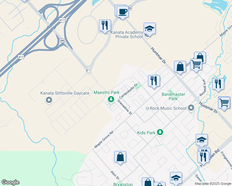 map of restaurants, bars, coffee shops, grocery stores, and more near 747 Maloja Way in Ottawa