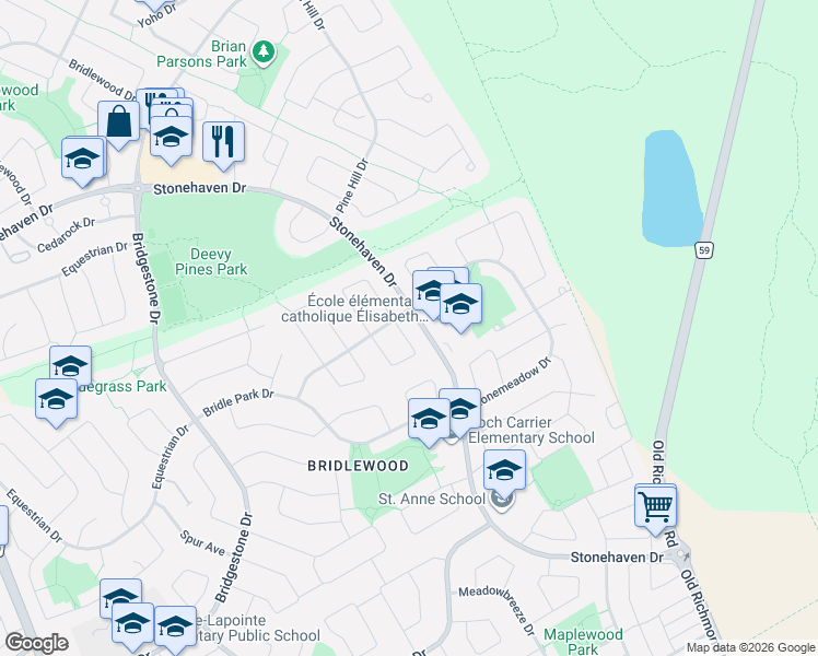 map of restaurants, bars, coffee shops, grocery stores, and more near 5 Thunderbird Crescent in Ottawa