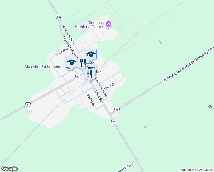 map of restaurants, bars, coffee shops, grocery stores, and more near 11 Peter Street in North Glengarry