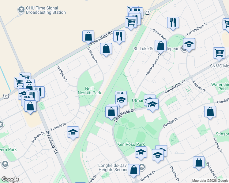 map of restaurants, bars, coffee shops, grocery stores, and more near 568 Via Mattino Way in Ottawa
