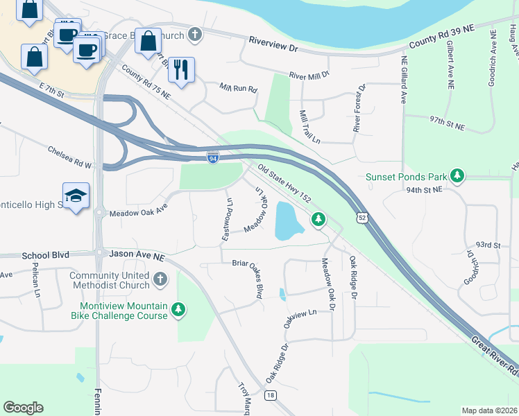 map of restaurants, bars, coffee shops, grocery stores, and more near 2607 Meadow Oak Lane in Monticello