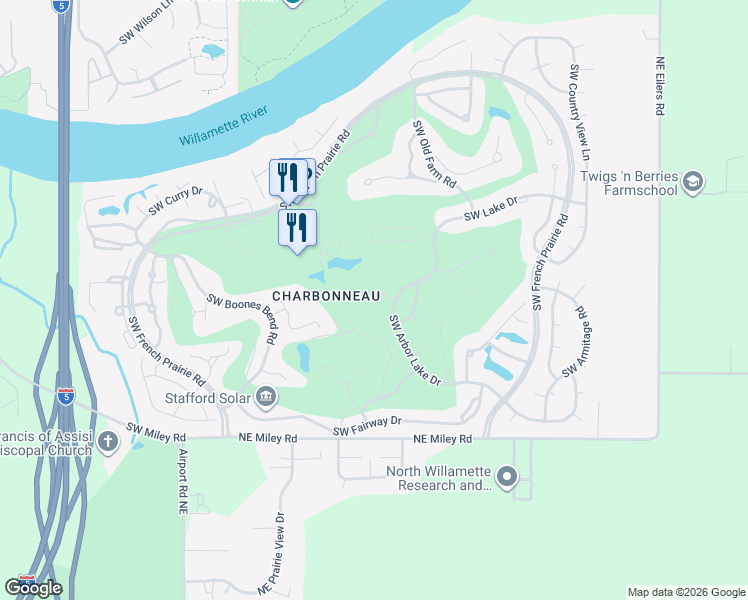 map of restaurants, bars, coffee shops, grocery stores, and more near 32275 Southwest Arbor Lake Drive in Wilsonville