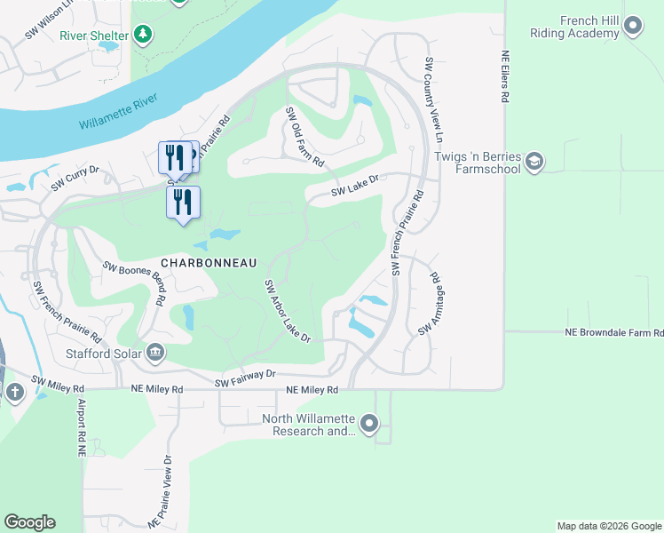 map of restaurants, bars, coffee shops, grocery stores, and more near 32165 Southwest East Lake Point in Wilsonville