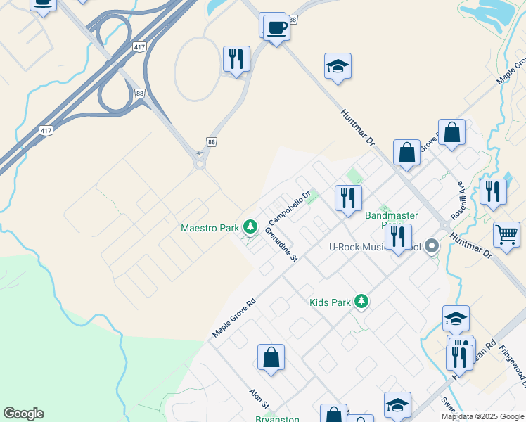 map of restaurants, bars, coffee shops, grocery stores, and more near Maloja Way in Ottawa