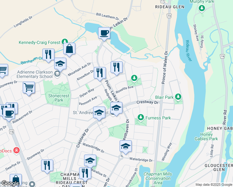 map of restaurants, bars, coffee shops, grocery stores, and more near 2 Rosetta Avenue in Ottawa