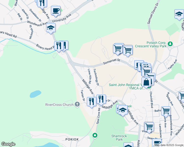 map of restaurants, bars, coffee shops, grocery stores, and more near 20 Technology Drive in Saint John