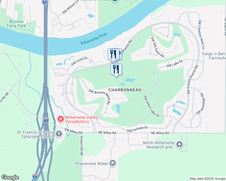 map of restaurants, bars, coffee shops, grocery stores, and more near Sacajawea Way in Wilsonville