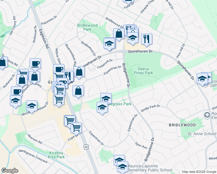 map of restaurants, bars, coffee shops, grocery stores, and more near 21 Saddlehorn Crescent in Ottawa