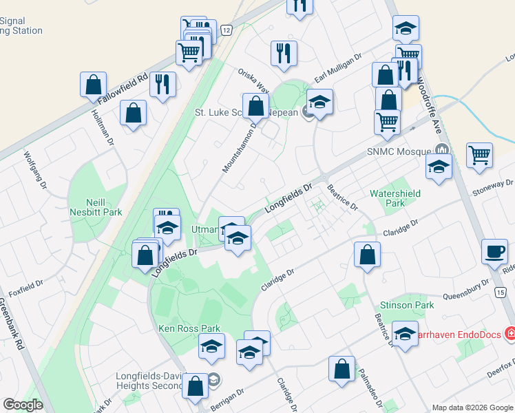map of restaurants, bars, coffee shops, grocery stores, and more near 66 Daventry Crescent in Ottawa