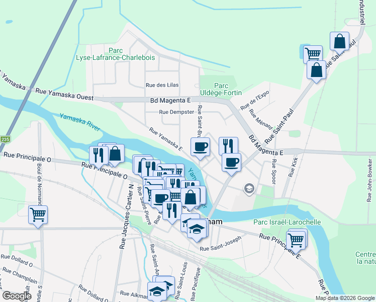map of restaurants, bars, coffee shops, grocery stores, and more near 271 Rue Yamaska Est in Farnham