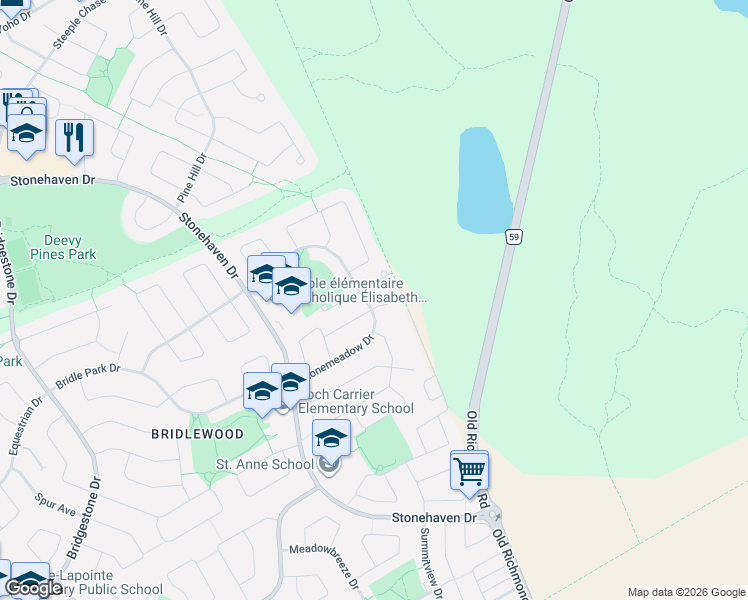 map of restaurants, bars, coffee shops, grocery stores, and more near 51 Bridle Crest Court in Ottawa
