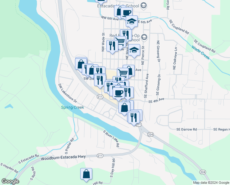 map of restaurants, bars, coffee shops, grocery stores, and more near 325 Broadway Street in Estacada