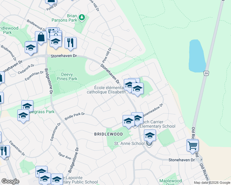 map of restaurants, bars, coffee shops, grocery stores, and more near 52 Bramblewood Crescent in Ottawa