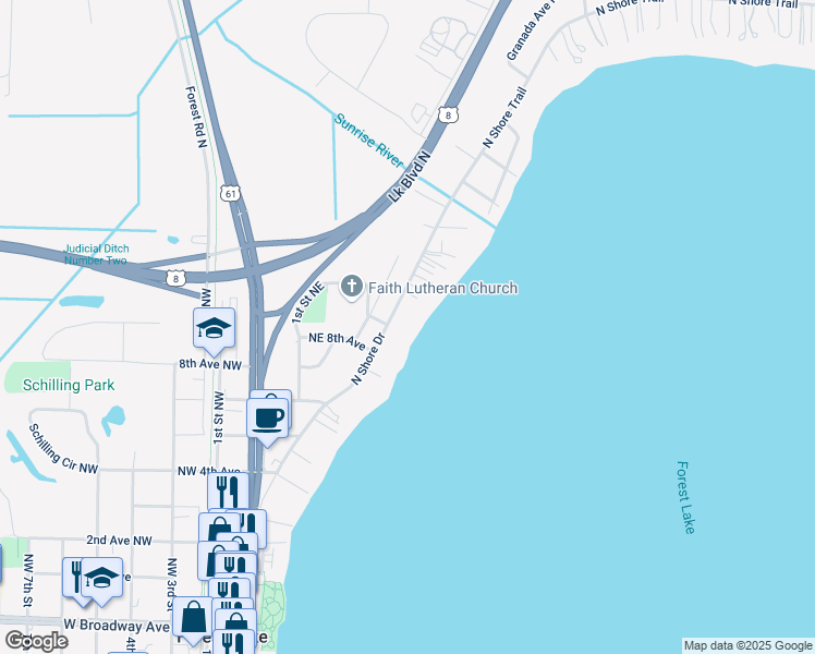 map of restaurants, bars, coffee shops, grocery stores, and more near 891 North Shore Drive in Forest Lake