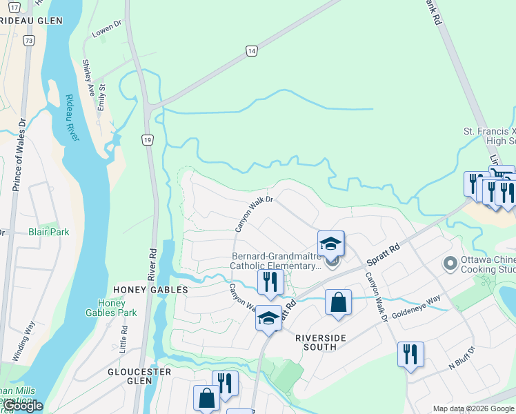 map of restaurants, bars, coffee shops, grocery stores, and more near 4091 Canyon Walk Drive in Ottawa