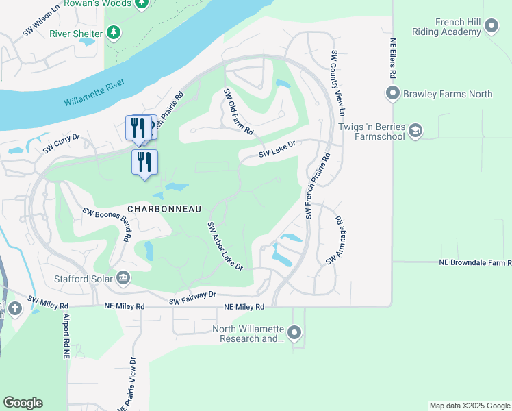 map of restaurants, bars, coffee shops, grocery stores, and more near 7380 Southwest East Lake Court in Wilsonville