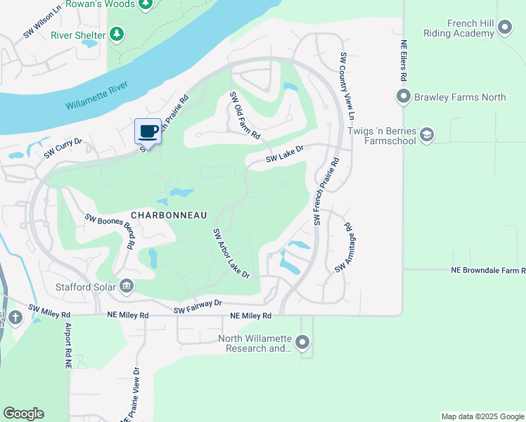 map of restaurants, bars, coffee shops, grocery stores, and more near 7380 Southwest East Lake Court in Wilsonville