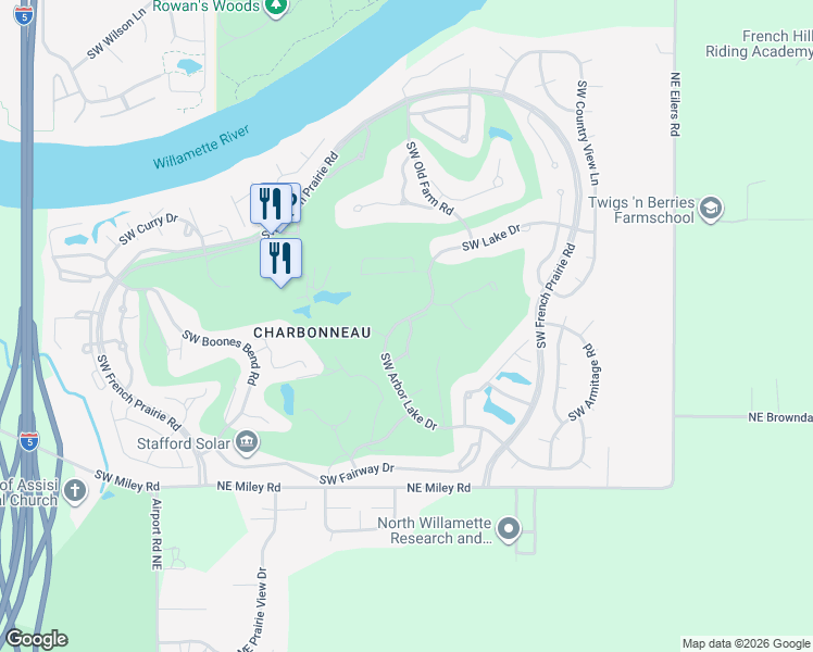 map of restaurants, bars, coffee shops, grocery stores, and more near 32075 Southwest Arbor Lake Drive in Wilsonville