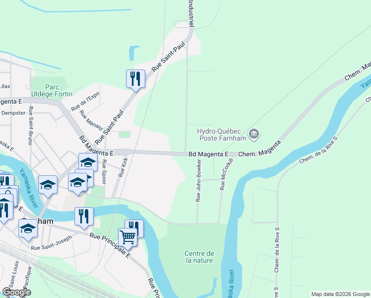 map of restaurants, bars, coffee shops, grocery stores, and more near 1145 Boulevard Industriel in Farnham